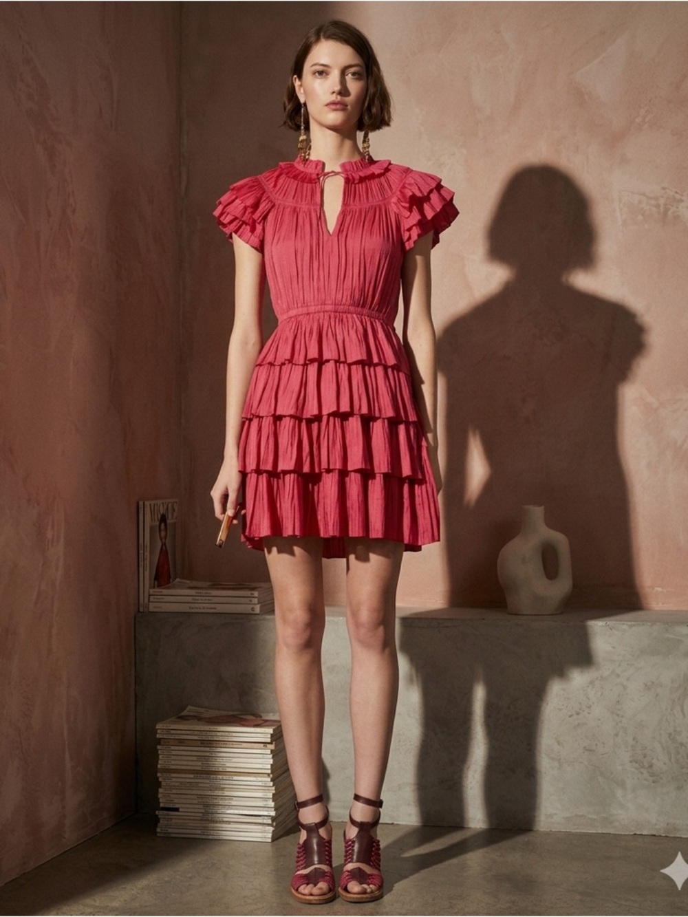ULLA JOHNSON Orchid Vesna Magenta Fuchsia Plissé Ruffle Mini Dress NWT Size 8